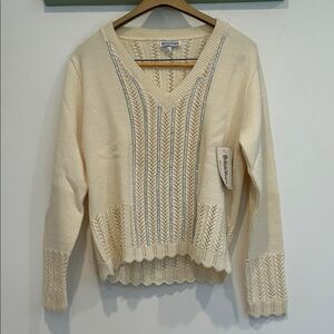 Vintage 1960s British Vogue Cream V-Neck Sweater Textured Knit rhinestones new